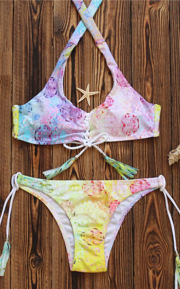 F4656 Multi Halter Ombre Lace Up Two Piece Bikini Swimsuit